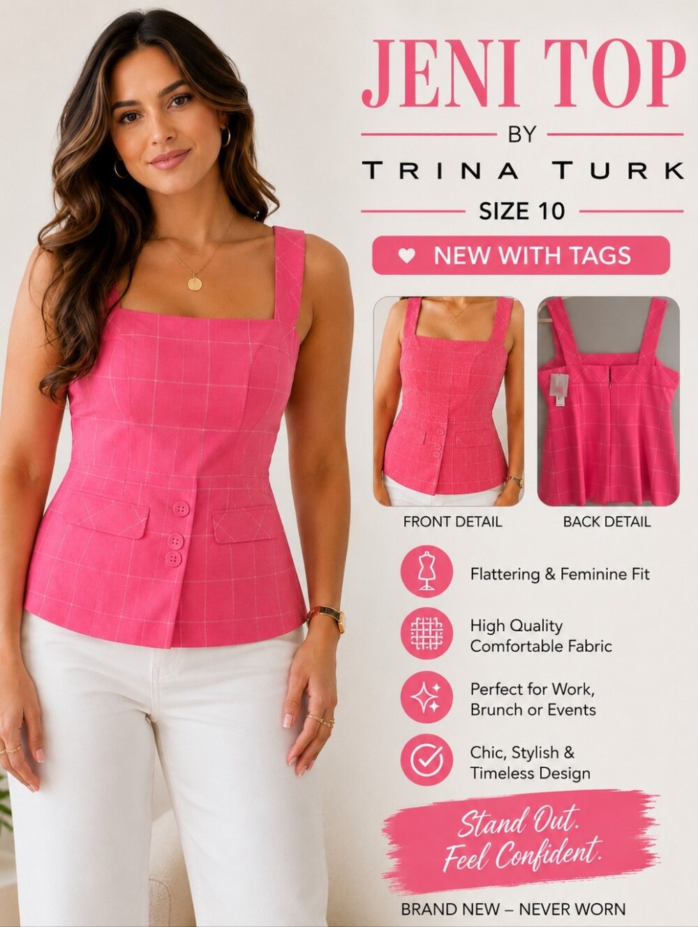 Trina Turk Jeni Top Pink Windowpane Plaid Sleeveless Top Size 10 NWT